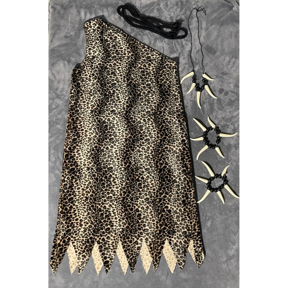 Leopard Print Caveman Costume Set Shoulder Tunic with Tooth Jewelry Halloween